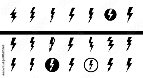 various black lightning bolt icons and power symbols on a white background illustrating electrical energy warning and danger for design projects.