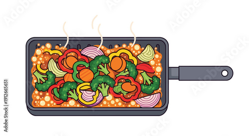 An inviting illustration of dynamic vegetable stir-fry featuring broccoli bell peppers and onions sizzling in a modern pan offering a visually
