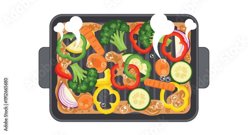 Vibrant medley of fresh vegetables sizzling on a hot grill pan, healthy cooking for a nutritious meal