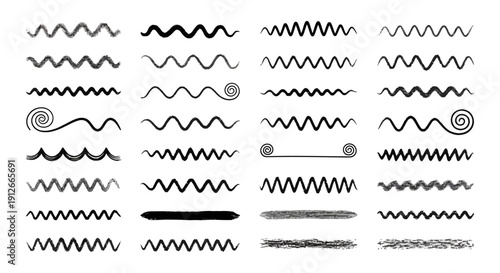 various hand drawn black wavy lines and textured brush strokes ideal graphic design elements for creative borders and page dividers.