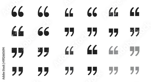 various double quotation marks in a grid layout showcasing diverse typography styles and textures for graphic design needs.
