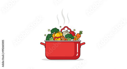 Steaming red pot filled with colorful array of nutritious garden vegetables broccoli bell peppers garlic and carrots perfect for healthy cooking