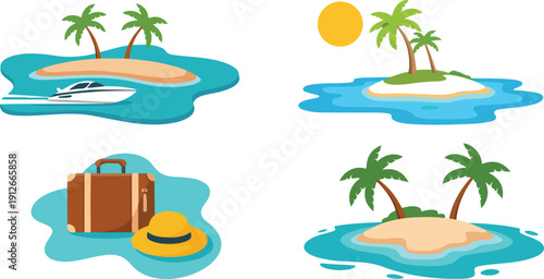 Tropical Vacation Outline Icons  Palm Trees, Islands, and Luggage