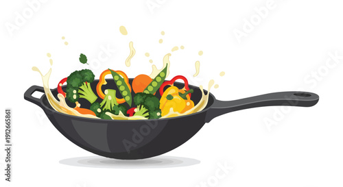 Dynamic stir-fry scene fresh colorful vegetables expertly tossed in a sleek black wok with lively sauce splashes highlighting healthy cooking