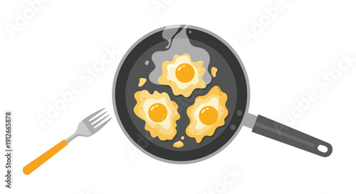 Overhead view of three sunny-side up eggs frying in a dark pan, ready to be enjoyed with a cheerful orange-handled fork, illustrating a delightful