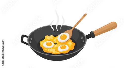 Sizzling breakfast eggs cooking in a hot pan with a wooden spatula, actively preparing a delicious and wholesome morning meal for a fresh start to