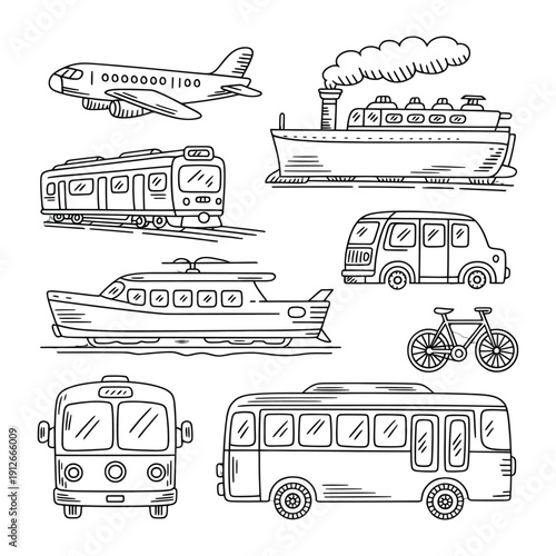 Diverse Modes of Transport in Outline: A hand-drawn collection showcasing a variety of transport vehicles, from the sky to the road and sea. A study of essential vehicles in monochrome.