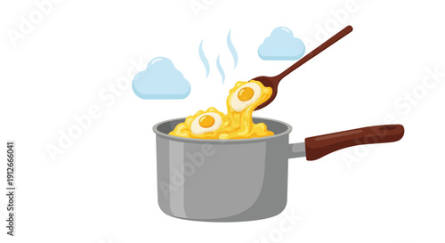Vibrant culinary illustration showcasing fresh eggs being gently incorporated into steaming golden noodles within a sturdy pot a delightful homemade