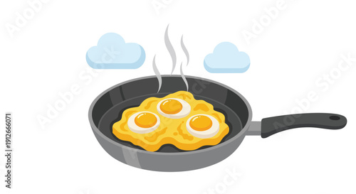A vibrant illustration of three perfectly cooked sunny-side-up eggs sizzling in a hot frying pan, ready for a delicious breakfast meal, showcasing