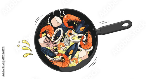 A mouthwatering, artfully presented seafood paella dish simmers in a pan, featuring succulent shrimp, fresh mussels, tender squid rings, and hearty