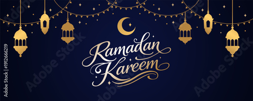 Greeting card or banner dedicated to the holy month of Ramadan. This Muslim holiday features a crescent moon with lamps and hand-lettered inscription. Vector illustration.