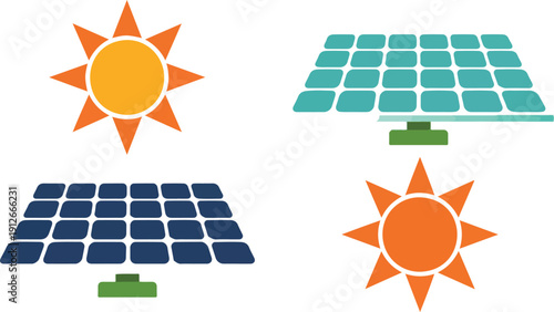A flat, minimalist illustration of two solar panels and two suns arranged in a 2x2 grid.