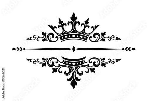 Black ornamental crown flourish divider, royal ornate vector design for top ranked elegant visuals, decorative frames, event invitations, formal stationery, regal logos, social media layouts