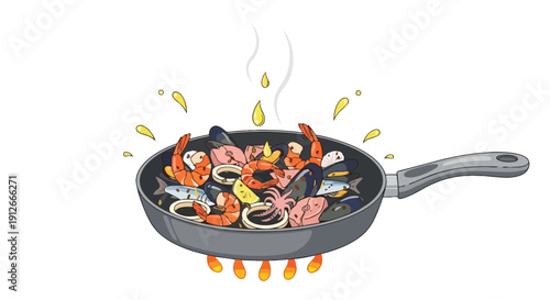 Sizzling seafood medley in a hot pan, an inviting culinary cartoon illustration, capturing dynamic cooking action