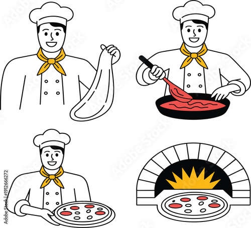 Professional pizza chef making dough and cooking in stone oven vector set, Italian restaurant kitchen element