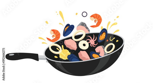 A dynamic and vibrant illustration showcasing an exciting array of fresh seafood ingredients like shrimp mussels salmon squid and calamari rings