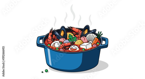 A vibrant steaming seafood stew illustration in a classic blue pot featuring shrimp mussels scallops fresh vegetables and aromatic herbs ready to