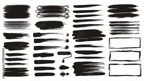 Collection of black brush strokes and paint swatches on white background