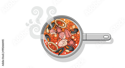 A steaming hot seafood dish featuring various shellfish and crustaceans cooking in a pan, a vibrant culinary illustration perfect for restaurant
