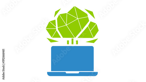 Abstract Green Geometric Cloud Computing Data Transfer Icon. Low Poly Laptop Network Storage Technology Symbol.