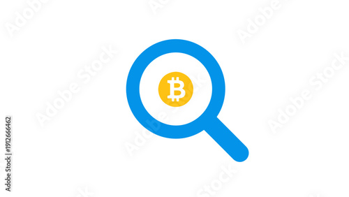 Bitcoin Search Icon: Magnifying Glass Analyzing BTC Symbol. Cryptocurrency Research, Blockchain Analysis, and Digital Finance Focus Concept.