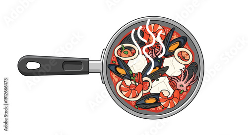 Delicious steaming seafood medley in a pan, featuring shrimp, mussels, and squid.