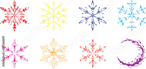 A set of eight light blue watercolor-style snowflake designs arranged in a 2x4 grid against a white background.