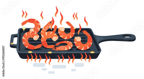 Delicious grilled shrimp sizzling on a hot pan, an inviting culinary delight prepared fresh