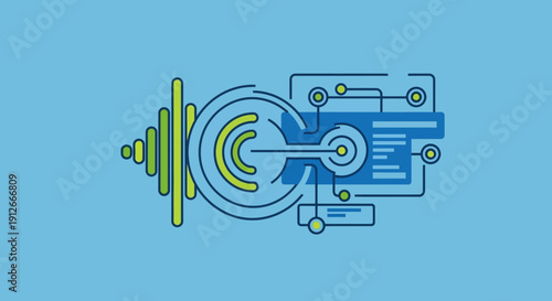 Innovative AI technology processing complex sound data and algorithms, depicting advanced digital analysis and the intricate future of intelligent systems