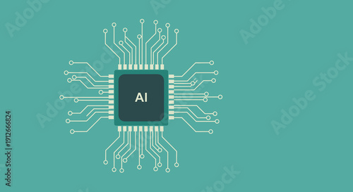 Graphic of an Artificial Intelligence (AI) technology CPU microchip. Symbolizing advanced computing, digital innovation, and future smart system development