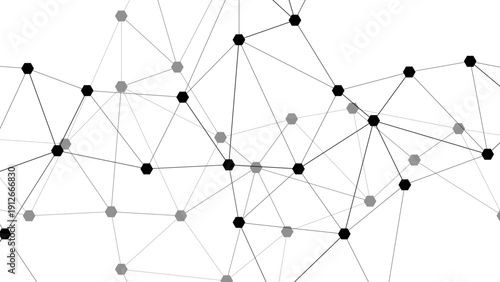 An abstract technology background featuring a 3D network structure of connected molecular spheres illustrating a global communication and business networking concept
