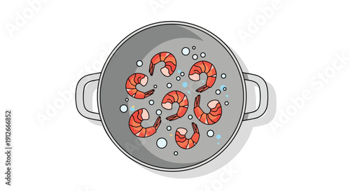 Overhead illustration of vibrant cooked shrimp simmering in a gray pot with bubbles. Captures simple seafood preparation, ideal for recipes or