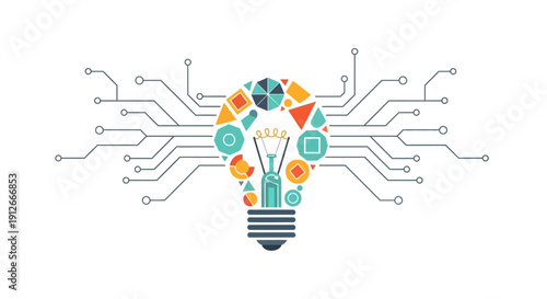 Innovative AI technology and digital solutions, symbolizing creativity and future progress, connecting ideas through a bright lightbulb