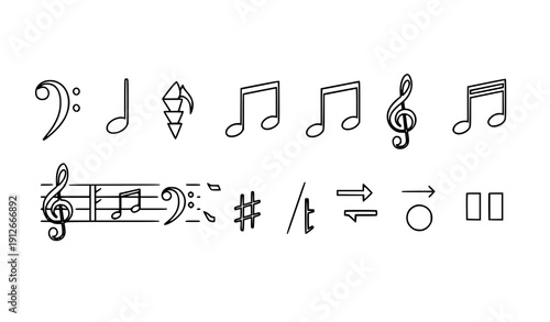 Thin Line Music Notes and Musical Key Symbols Outline Icon Collection Vector
