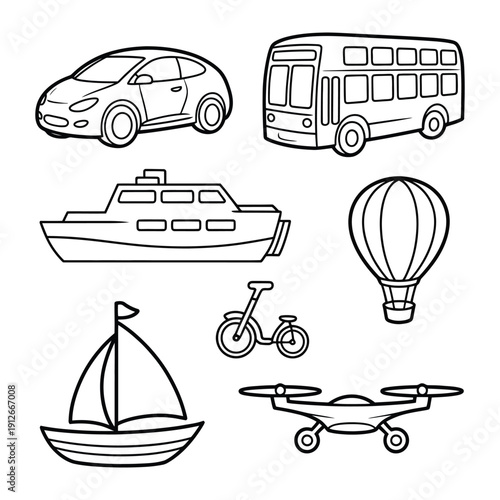 Transportation Selection: A collection of various vehicles illustrated in bold lines, offering a visual journey across multiple modes of transport.