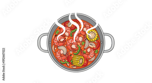 Steaming pot illustration of a delicious seafood boil, abundant with plump shrimp, golden corn, colorful peppers, onions, simmering in rich,