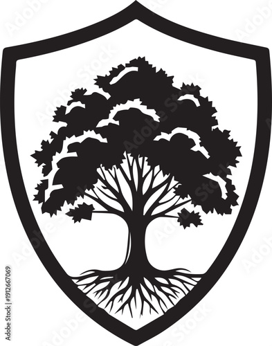 Majestic tree with deep roots inside shield silhouette vector illustration security badge