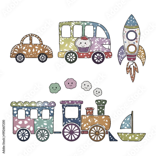 Whimsical Transportation: An enchanting collection of hand-drawn transportation illustrations, inviting viewers to explore a world of playful adventures.
