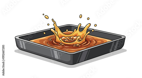 Dynamic liquid splash in a dark square tray, showcasing a vibrant brown substance creating an energetic crown effect, ideal for culinary themes and