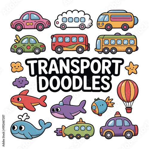 Colorful Transport Doodles: Whimsical illustrations of various transport vehicles and elements, perfect for adding a touch of playful creativity.
