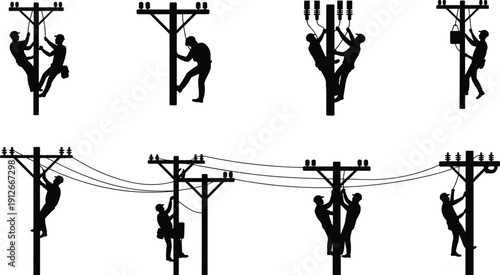 Power line technician silhouettes climbing utility poles installing and repairing electrical cables representing energy infrastructure maintenance isolated vector illustration
