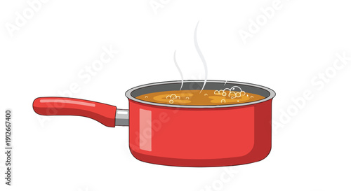 Vibrant red cooking pot simmering with a warm, bubbling liquid and delicate wisps of steam ascending against a pristine white background. Culinary