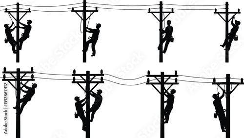 Electric utility workers climbing power poles repairing electrical lines representing energy maintenance service isolated silhouette vector illustration collection set