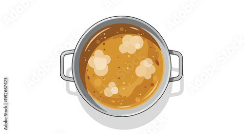 A delightful stylized vector illustration capturing a vibrant overhead perspective of a simmering pot filled with delectable amber-hued comfort soup