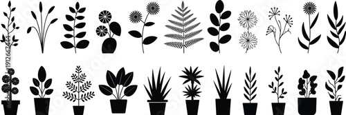 Botanical plant and flower silhouette collection featuring leaves, stems, and potted houseplants for nature decoration isolated vector illustration design