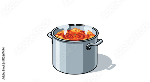 Vibrant isometric illustration of a simmering pot of delicious, homemade stew with aromatic steam rising