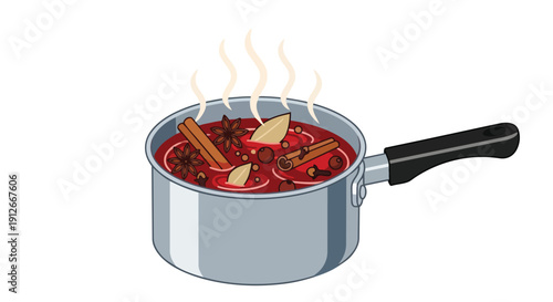 Warm comforting spiced drink gently steaming in a metal saucepan, featuring delightful cinnamon, star anise, bay leaves, and cloves, perfect for
