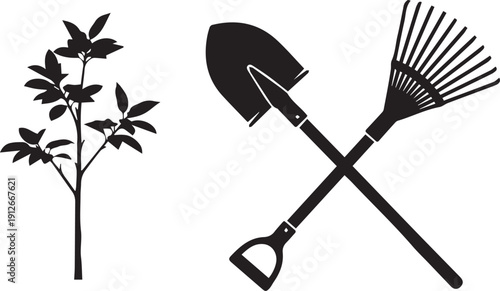 Young plant silhouette with gardening tools vector illustration on transparent