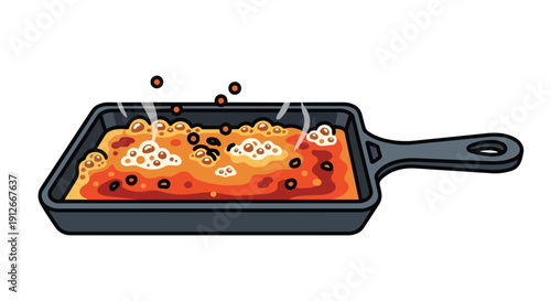 Sizzling hot sauce in a rectangular frying pan with active boiling bubbles and dark ingredient specks emitting steam a dynamic culinary cooking