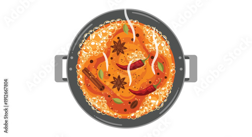 Vibrant overhead view of aromatic spiced food simmering in a dark cooking pot with steam rising a delightful culinary scene